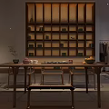 Traditional Chinese Teahouse Interior With Wooden Table Chairs Tea Sets And Hanging Lantern