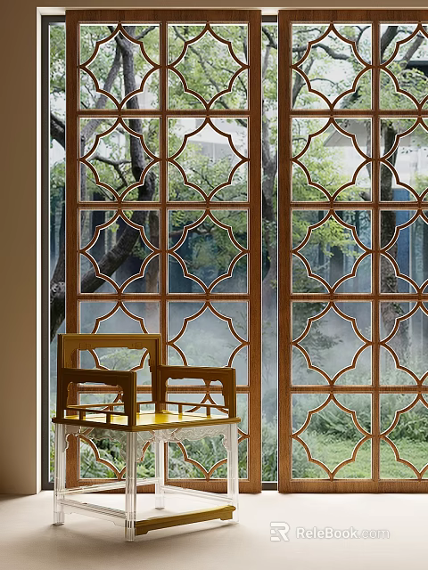 Traditional Wooden Screen With Intricate Lattice Pattern And Tree View Greenery In Interior Space 3d model 