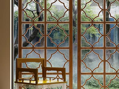 Traditional Wooden Screen With Intricate Lattice Pattern And Tree View Greenery In Interior Space 3d model