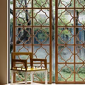 Traditional Wooden Screen With Intricate Lattice Pattern And Tree View Greenery In Interior Space