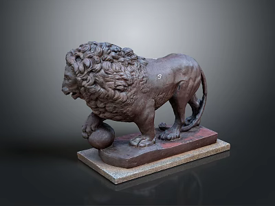 Bronze Lion Statue With Curly Mane Standing On Ball And Marble Base 3d model