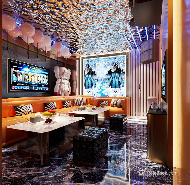 Luxurious Modern KTV Interior Design With Chandeliers Sofas Tables And Large Screens 3d model 