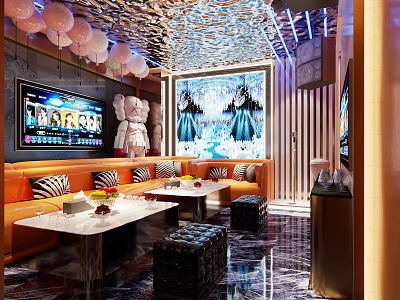 Luxurious Modern KTV Interior Design With Chandeliers Sofas Tables And Large Screens 3d model