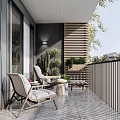 Modern Luxury Home Balcony With Wicker Chairs Green Plants Wooden Slats Gray Tiles White Curtains