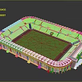 Football Stadium 3D Model with Green Grass Pitch Red Track and White Stands