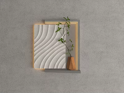 Modern Wall Decor With White Wavy Texture Gray Frame Green Plant And Lighting 3d model