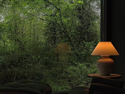 Ceramic Base Table Lamp With Warm Yellow Shade By Window With Lush Green Forest View 3d model