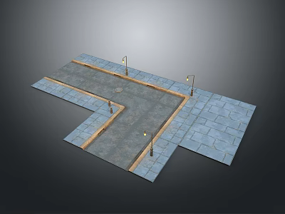 Scenic Urban Crossroad Landscape With Tiled Stone Pavement And Street Lamps 3d model