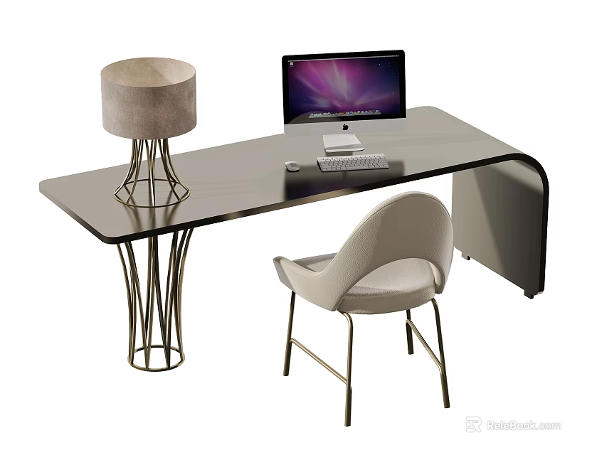 Modern Desk With Glass Top Metal Legs Computer Chair And Table Lamp 3d model 