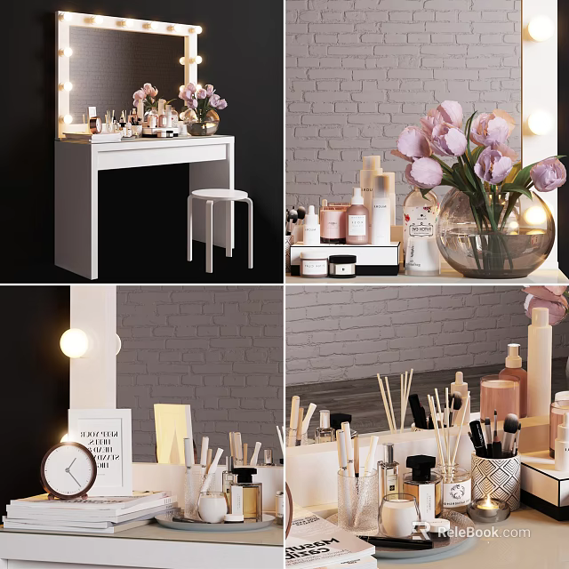 Modern Vanity Table With Lit Mirror Cosmetics Pink Tulips And Makeup Brushes 3d model 