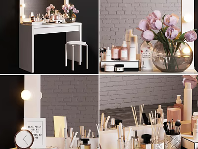 Modern Vanity Table With Lit Mirror Cosmetics Pink Tulips And Makeup Brushes 3d model