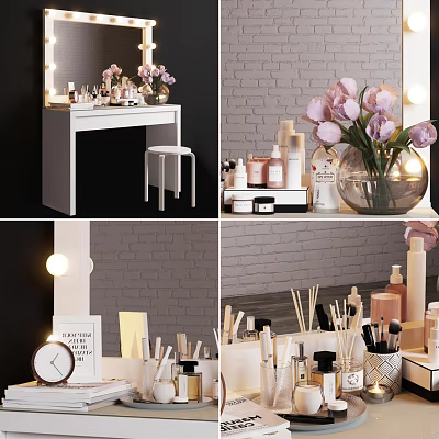 Modern Vanity Table With Lit Mirror Cosmetics Pink Tulips And Makeup Brushes 3d model