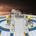 Commercial Astronomical Observatory Equipment with Large Telescope Structure on Marble Platform and Celestial Starry Sky