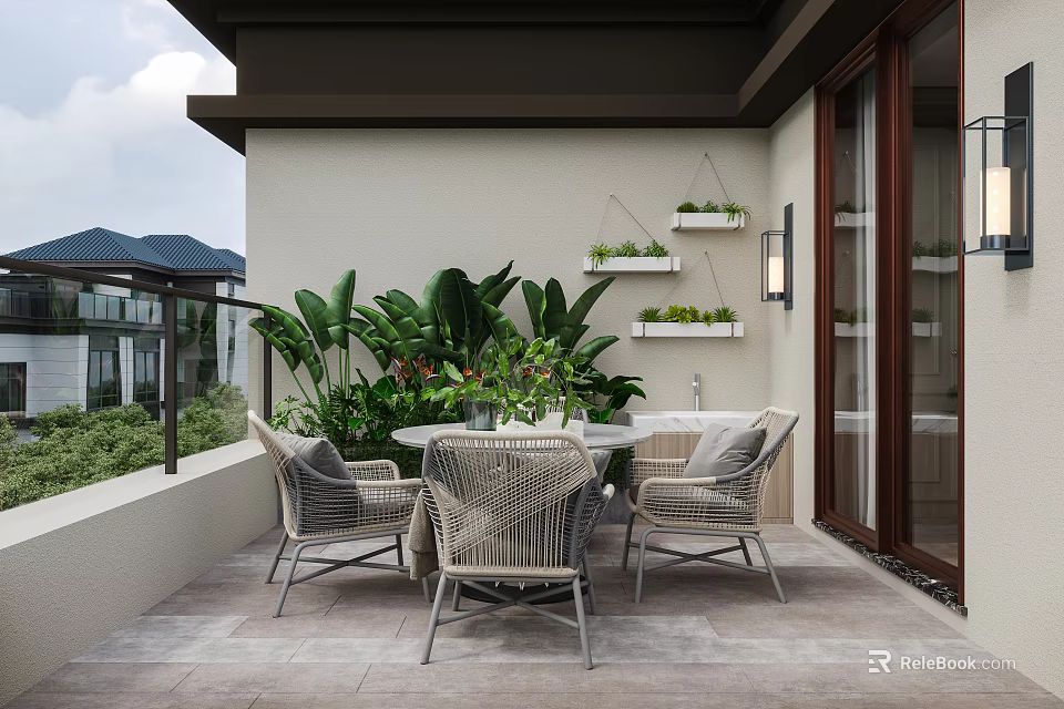 Modern Villa Balcony With Rattan Chairs Round Table Green Plants And Tile Floor 3d model 