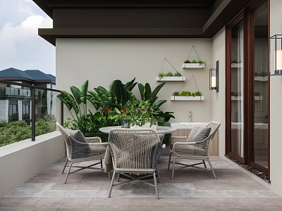 Modern Villa Balcony With Rattan Chairs Round Table Green Plants And Tile Floor 3d model
