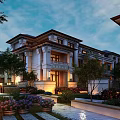 Elegant Traditional Townhouse Exterior With Stone Facade Dark Roof Courtyard Greenery And Outdoor Lighting