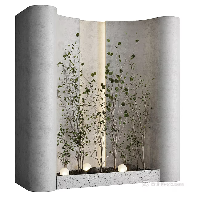 Minimalist Indoor Landscape With Green Leafy Plants And White Decorative Balls 3d model 