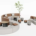 Curved Brown And Beige Leisure Sofa Set With Round Tables Ottomans And Green Plant