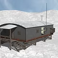 Small Black Cabin On Raised Platform With Antenna Lights In Snowy Landscape