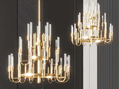 Modern Gold Glass Chandelier Design With Illuminated Transparent Columns And Hanging Lights 3d model