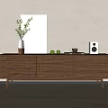 Modern Walnut TV Stand with Vase Plant Green Apples Coffee Cup Speaker and Wall Art