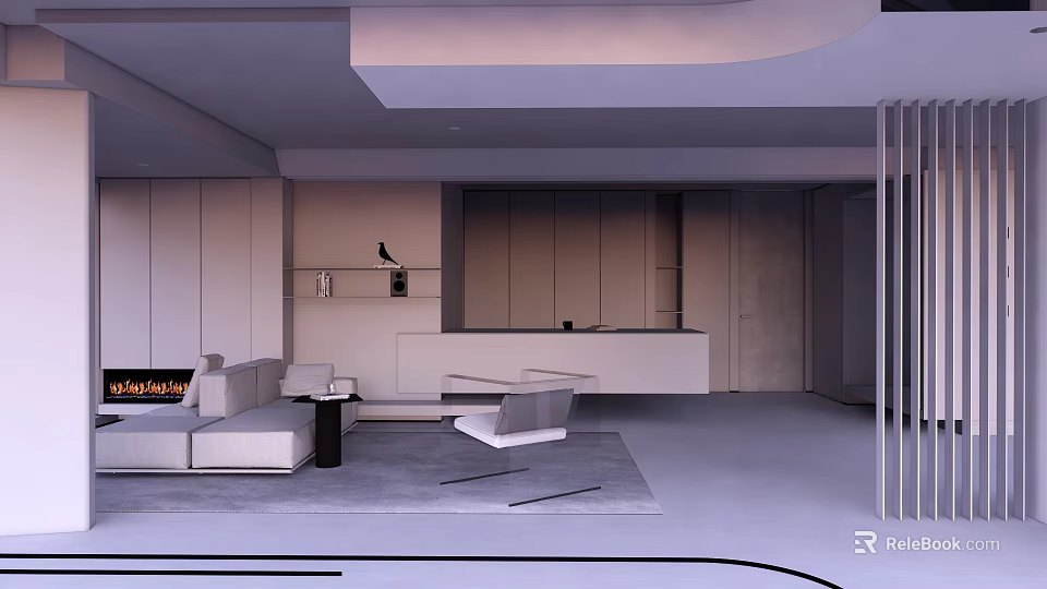 Modern Office Space With Minimalist Furniture Sofa Desk Carpet And Neutral Tones 3d model 