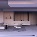 Modern Office Space With Minimalist Furniture Sofa Desk Carpet And Neutral Tones