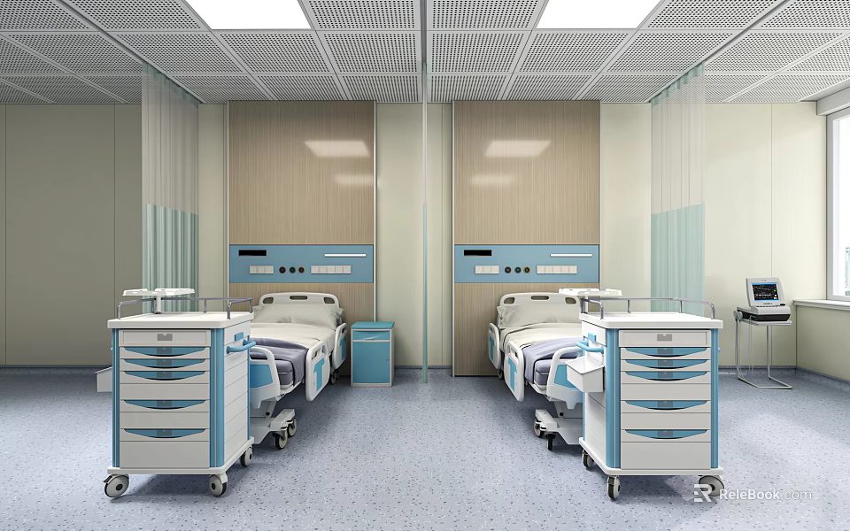 Spacious Hospital Ward Interior With Two Beds Medical Carts And Light Wooden Walls 3d model 