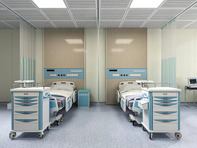 Spacious Hospital Ward Interior With Two Beds Medical Carts And Light Wooden Walls 3d model