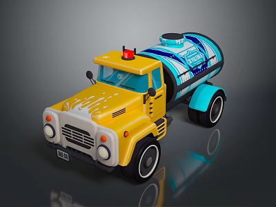 Functional Yellow Tanker Truck With Blue Tank Red Warning Light And Design 3d model