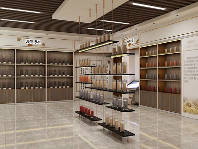 Elegant Tea Products Showroom With Shelves Hanging Lights And Tile Floor 3d model