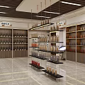 Elegant Tea Products Showroom With Shelves Hanging Lights And Tile Floor