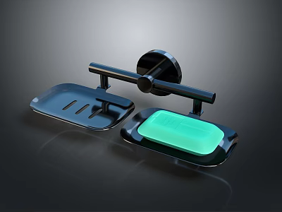 Modern Wall Mounted Black Metal Bathroom Shelf With Soap Dishes And Green Soap 3d model