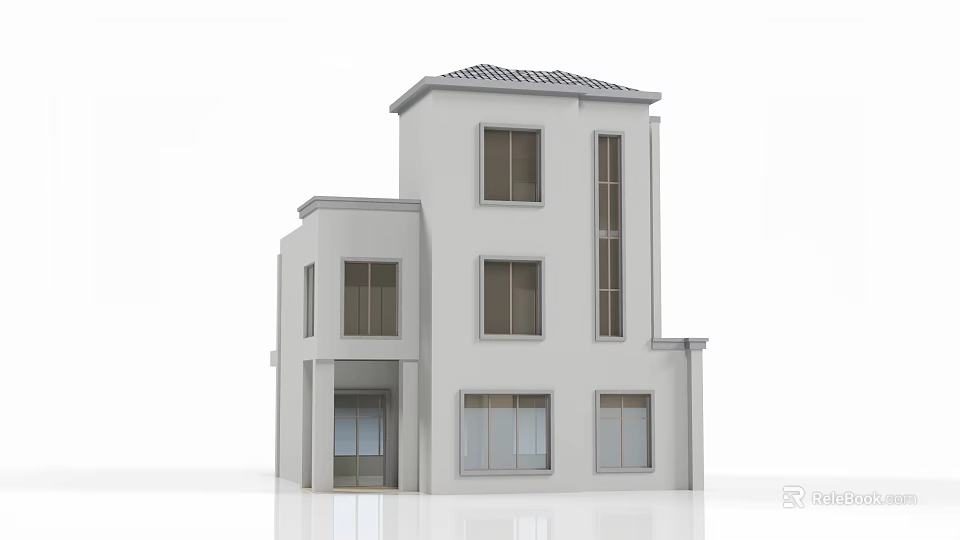 Modern Detached House White Exterior Two Story Gray Tile Roof Multiple Windows Front Entrance 3d model 