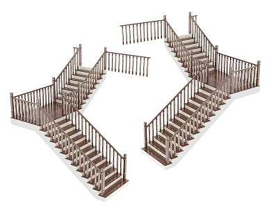 Various Wooden Staircase Designs With Railings And Different Step Structures 3d model