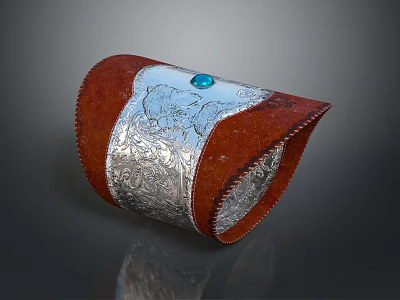 Elegant Leather Cuff Bracelet With Intricate Silver Carvings And Blue Gemstone 3d model