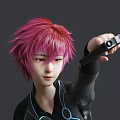 Game Movie Character With Pink Hair In Black Outfit Kneeling And Holding Guns 3d model