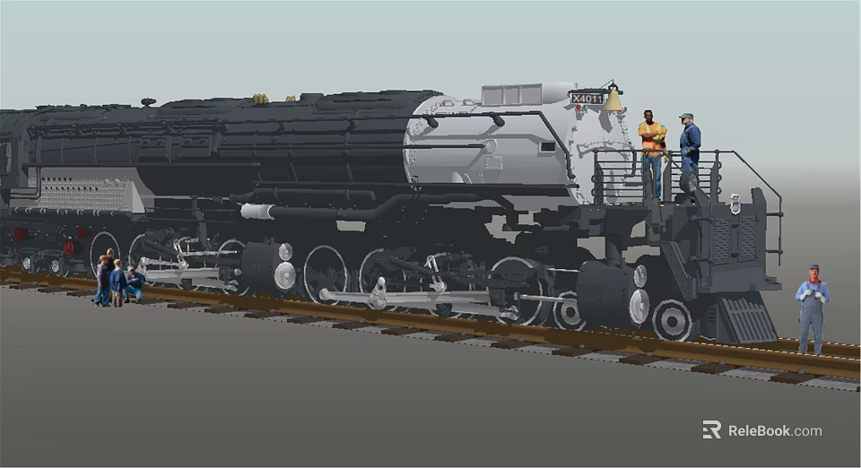 Vintage Black And White Steam Train On Railway Track With Workers Inspecting 3d model 