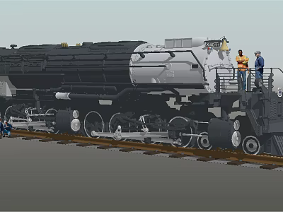 Vintage Black And White Steam Train On Railway Track With Workers Inspecting 3d model