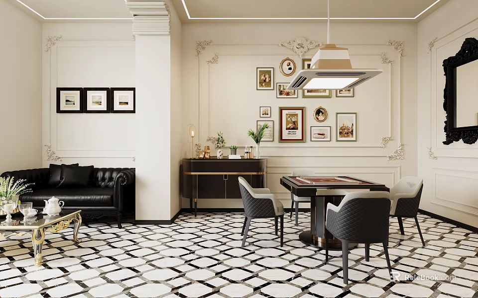 Elegant Clubhouse Interior With Ornate Decor Framed Art And Stylish Furniture 3d model 