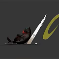 Black Cat With Red Scarf Sitting Under Yellow Crescent Moon With White Birds