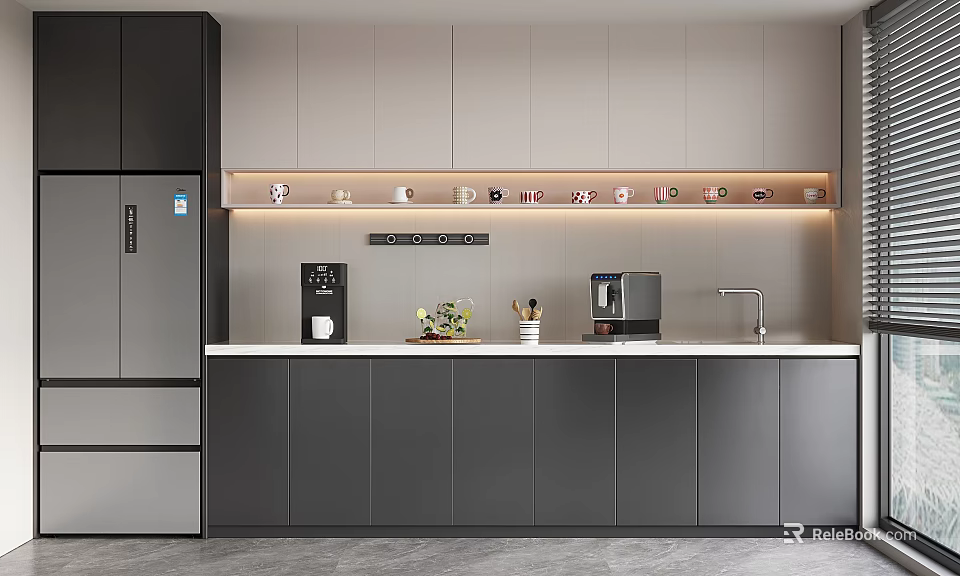 Modern Break Room Interior With Gray Cabinets Coffee Machine Sink And Countertop Lighting 3d model