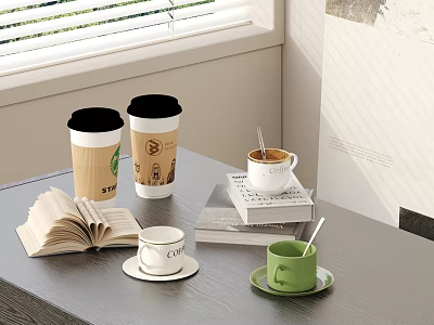 Daily Living Items On Indoor Table With Cups And Books 3d model