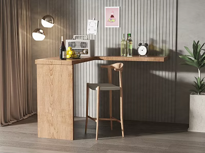Wooden Bar Counter With Bar Stool Wine Bottles Radio Clock Plant Striped Wall And Curtain 3d model