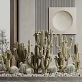 Cactus Bonsai Potted Plants In Modern Indoor Decor With Various Sizes And Natural Stone Base