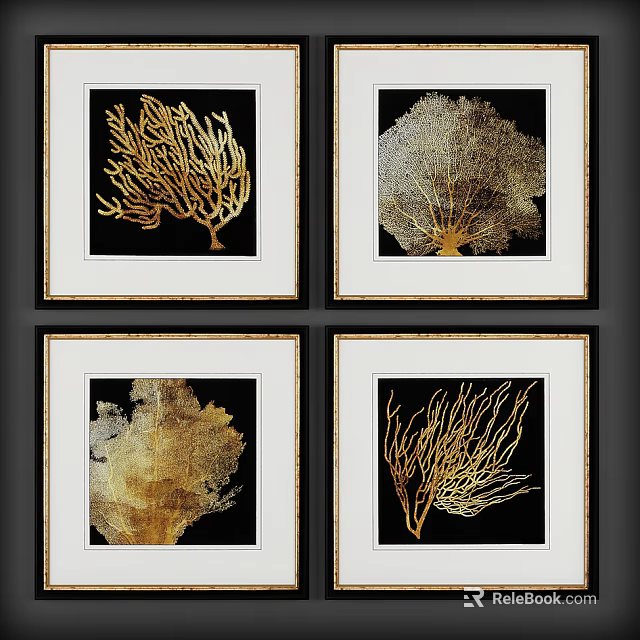 Elegant Plant Paintings With Gold Silver Patterns Black Background And White Frames 3d model