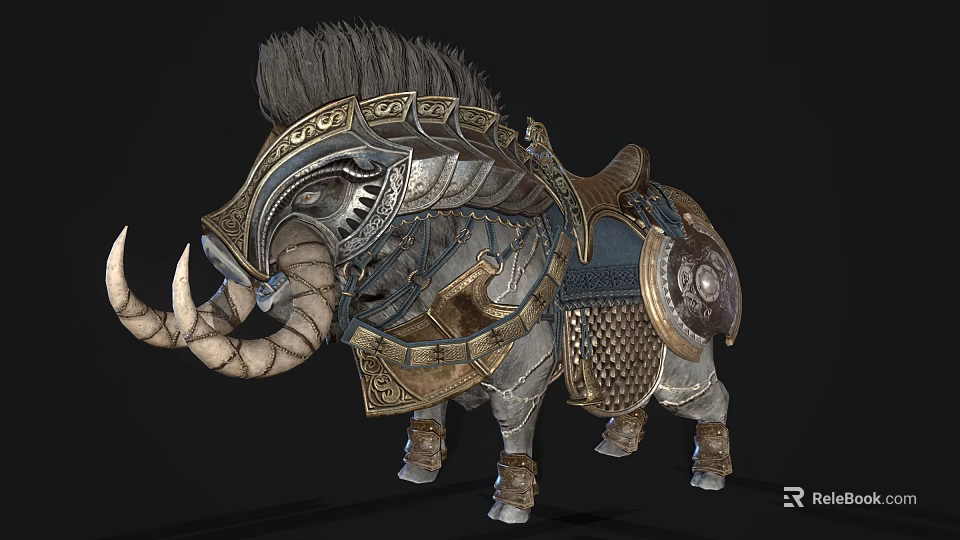 Medieval Fantasy Armored Elephant Mount With Ornate Metal Armor And Fur Mane 3d model 