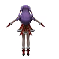 Woman with purple twin ponytails wearing red gold dress white fur trim red gloves boots