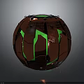 Spherical Red Weapon With Green Glowing Sections And Metallic Texture Featuring Rivets And Tactical Features