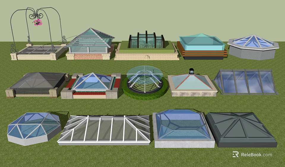 Various Architectural Skylight Structures With Glass Panels And Diverse Roof Designs 3d model 